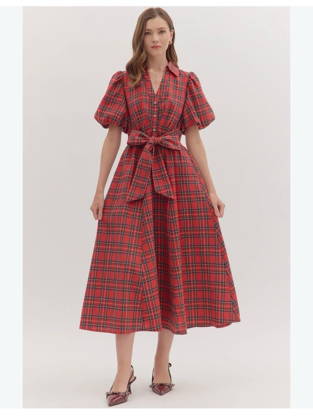 Entro Red Tartan Plaid Tie-Waist Midi Dress